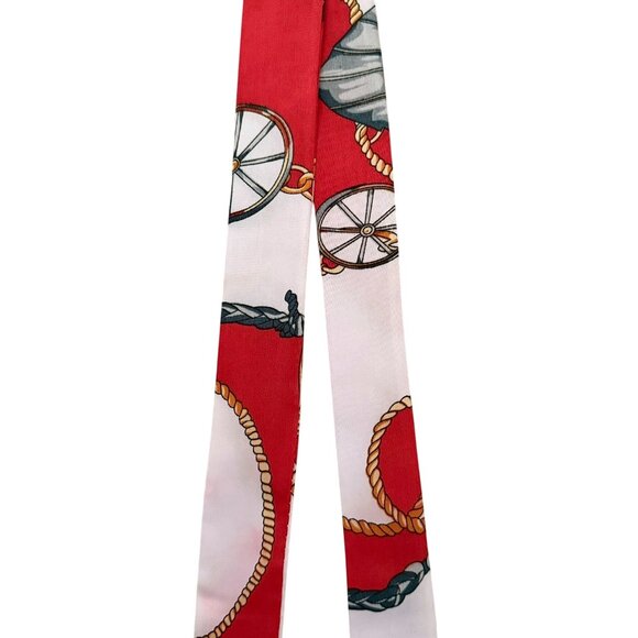 Silk Slim Scarf Red Carriage and Rope Print 35 x 1.5 Inches Equestrian Chic No17 - Picture 4 of 11